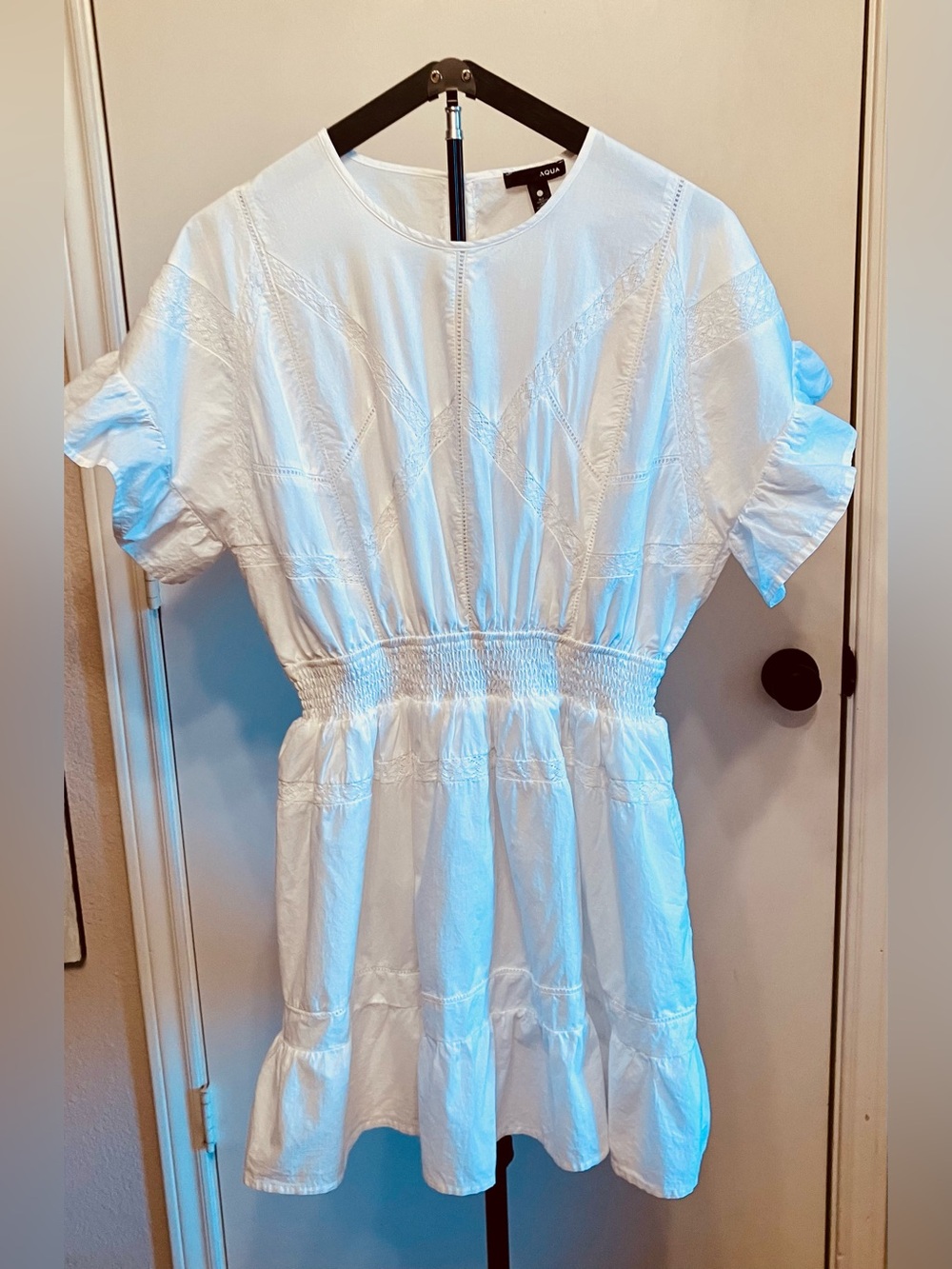 AQUA White Lace Inset Smocked Waist Mini Dress Size L